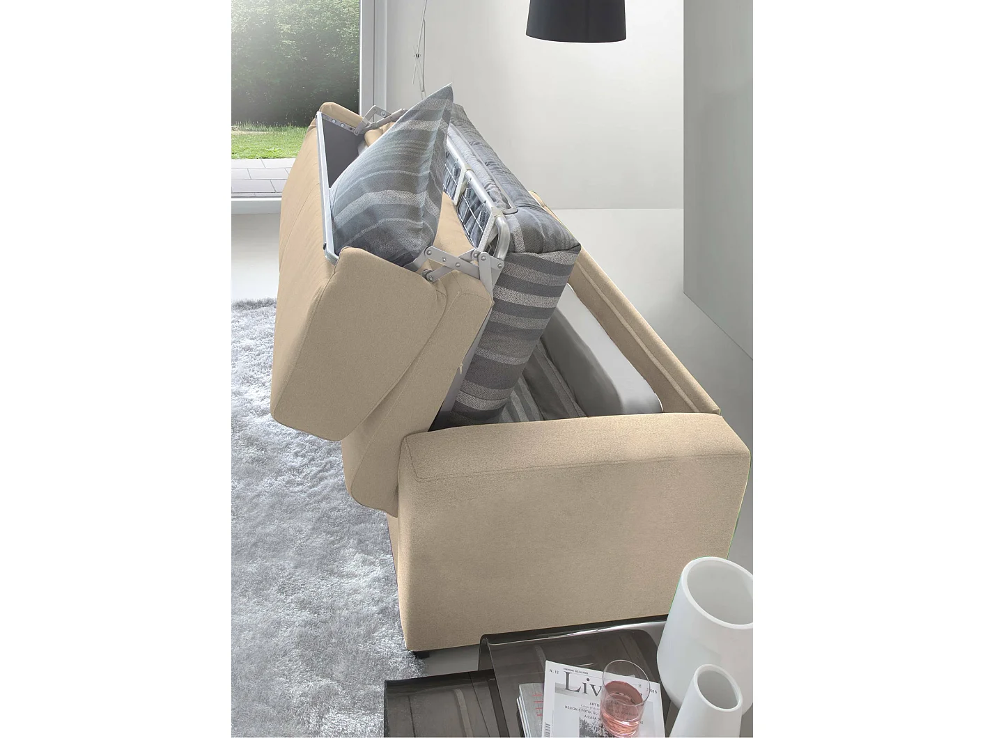 Alexis slaapbank, grote 2-zitsbank, 100% Made in Italy, woonkamerbank met draaibare opening, in gewatteerde stof, met standaard armleuningen, 200x95h90 cm, Beige