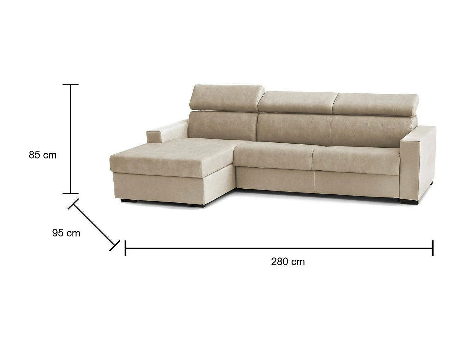 Canapé d'angle Viviana, Canapé d'angle avec méridienne gauche en tissu, Accoudoirs standards, 100% Made in Italy, 280x95h85 cm, Beige