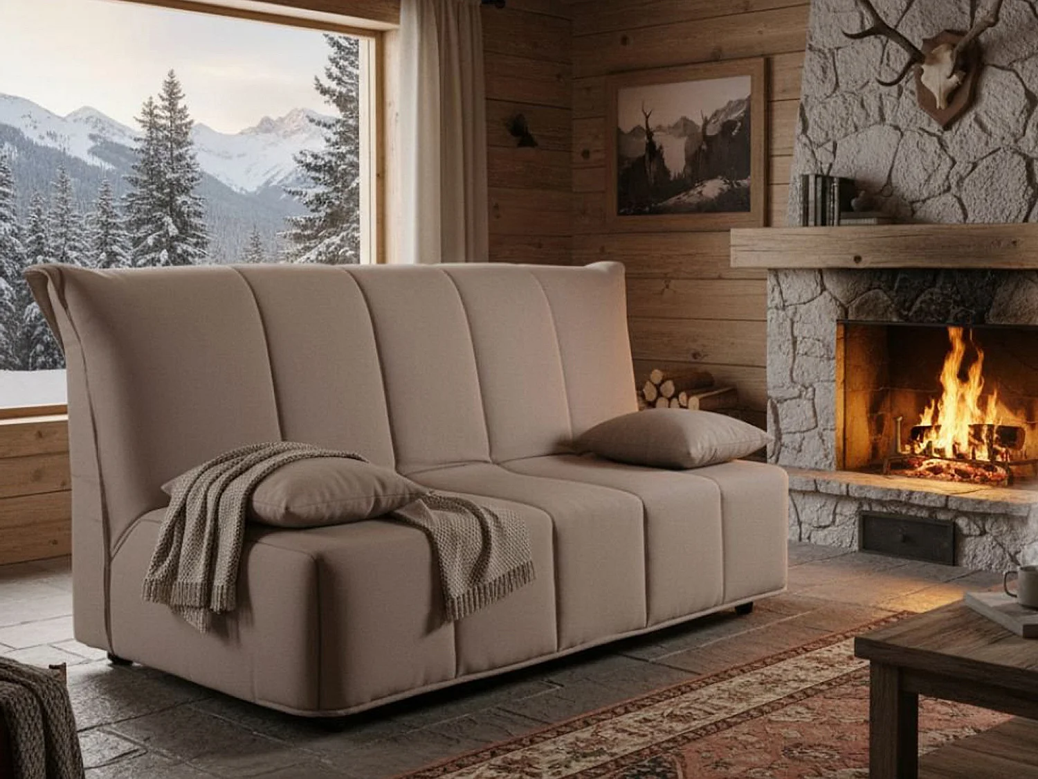 Canapé-lit Alisee, canapé 2 places, 100% Made in Italy, Canapé de salon avec ouverture trolley, en tissu rembourré, avec coussins inclus, 125x90h85 cm, Taupe