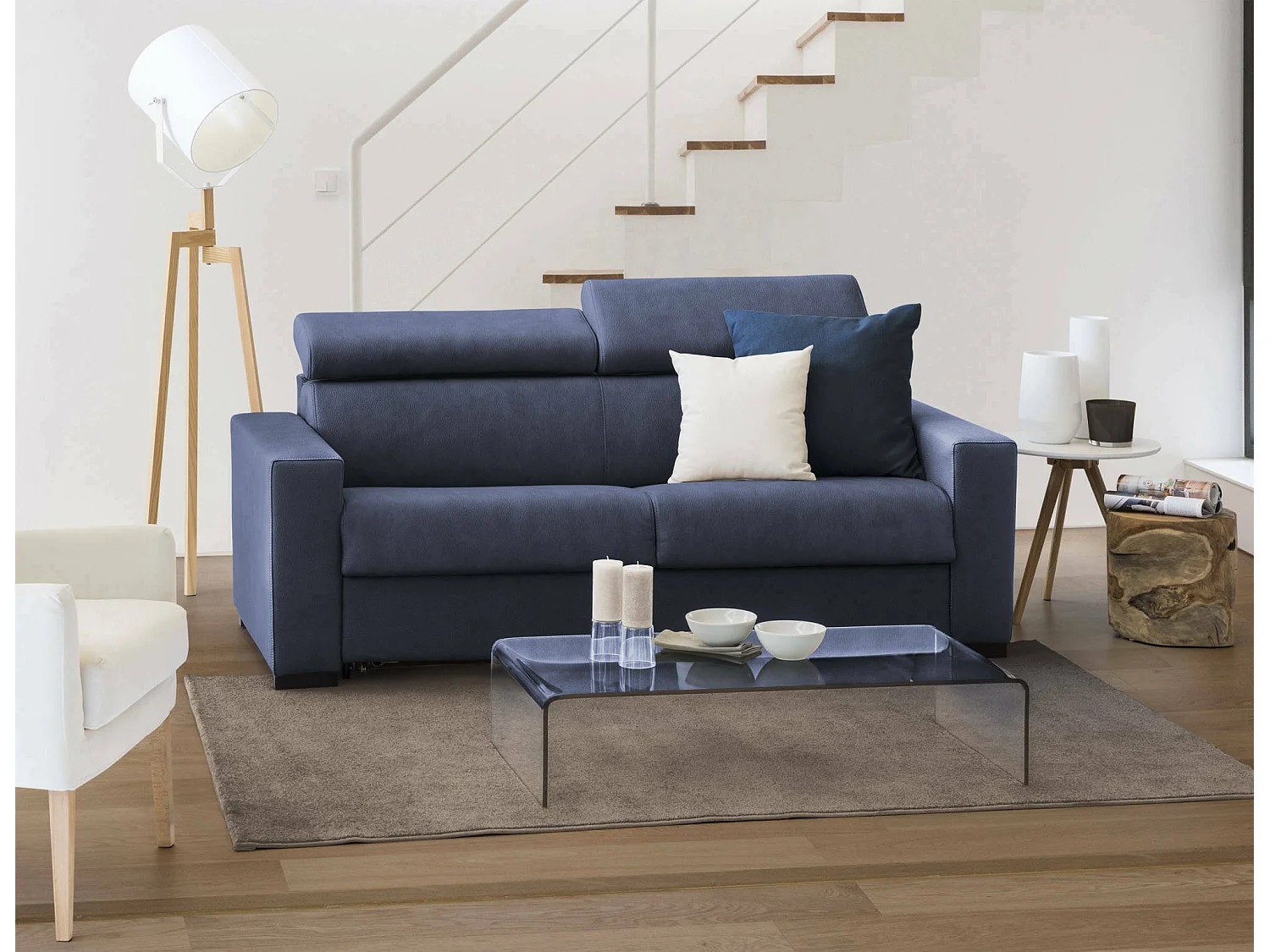 Afra slaapbank, 2-zitsbank, 100% Made in Italy, woonkamerbank met draaibare opening, met verstelbare hoofdsteunen en standaard armleuningen, 180x95h85 cm, Blauw