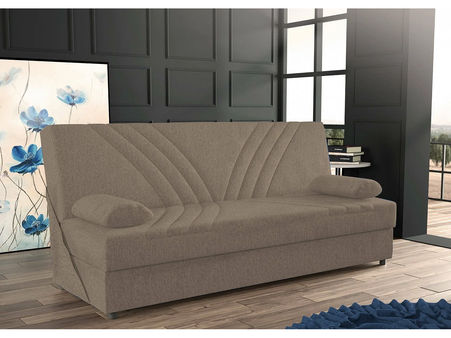 Sofá cama Ramon, sofá cama de 3 lugares com arrumação com 2 almofadas incluídas, Sofá da sala em tecido acolchoado com abertura click-clack, 181x81h88 cm, Bege