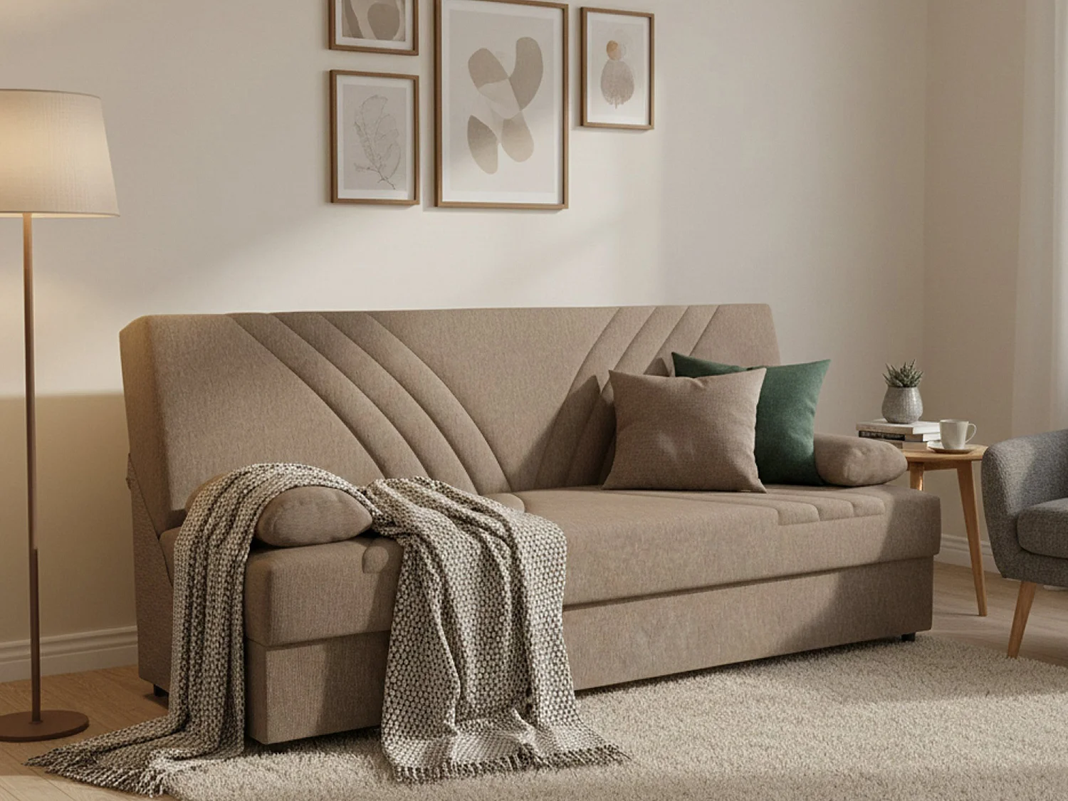 Canapé Ramon, Canapé conteneur 3 places avec 2 coussins inclus, Canapé de salon en tissu rembourré avec ouverture clic-clac, 181x81h88 cm, Beige