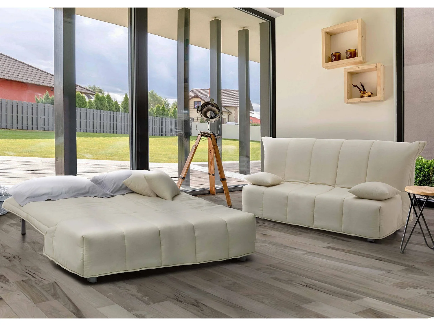 Sofá Cama Allegra, Sofá de 3 plazas, 100% Made in Italy, Sofá de salón con apertura para carrito, de tejido acolchado, con cojines incluidos, 165x90h85 cm, Beige