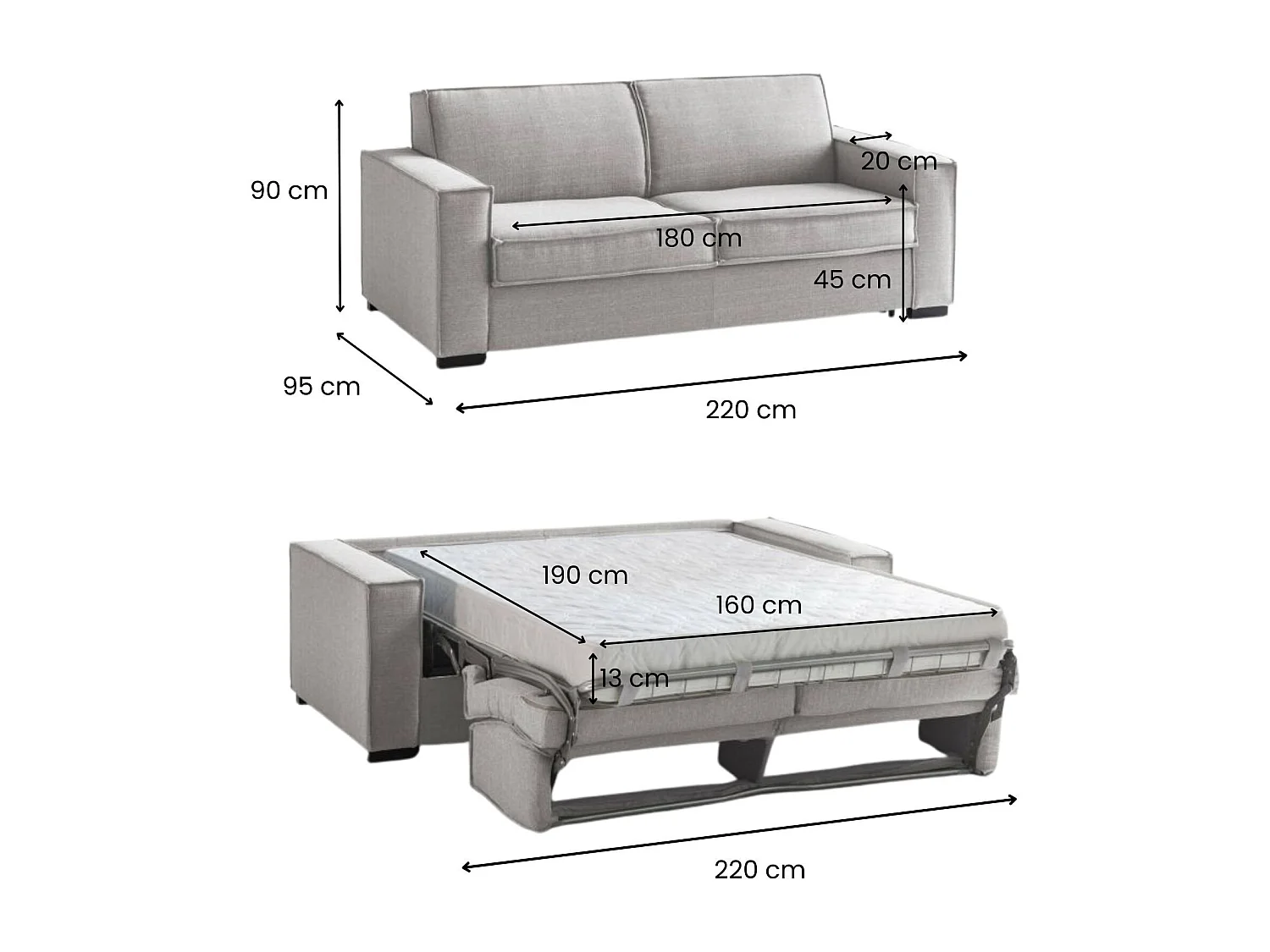 Divano letto 3 posti Adalgisa, Sof Soggiorno apertura girevole, Tessuto imbottito, Braccioli standard, 100% Made in Italy, Cm 220x95h90, Grigio