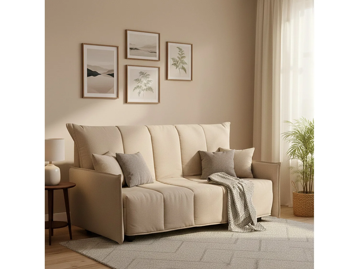 Sofá-cama Alissa, sofá de 2 lugares, 100% Fabricado na Itália, Sofá da sala com abertura para carrinho, em tecido acolchoado, com braços padrão, 150x90h85 cm, Bege