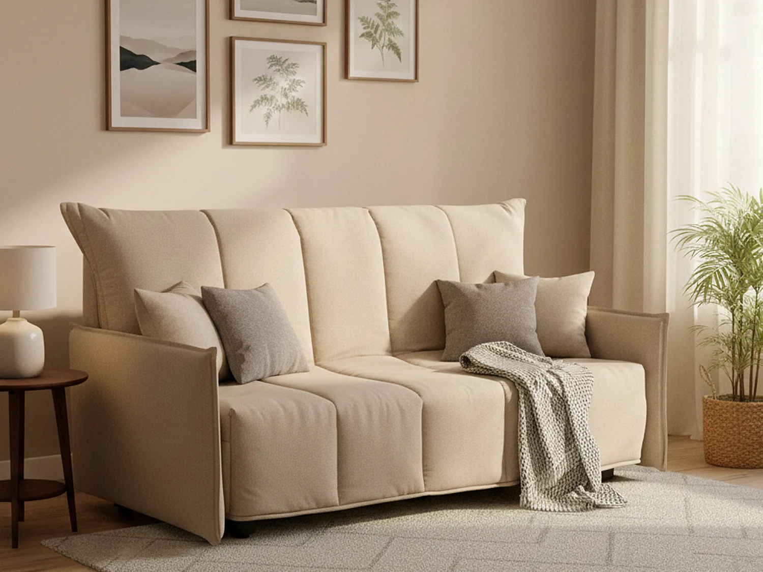 Alissa Canapé-lit, canapé 2 places, 100% Made in Italy, Canapé de salon avec ouverture trolley, en tissu rembourré, avec accoudoirs standards, 150x90h85 cm, Beige