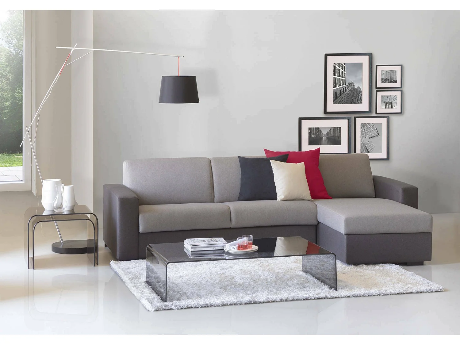 Schlafsofa Alisea, Ecksofa, 100%  Italy, Sofa mit Drehöffnung, mit Wendebehälter Halbinsel, mit schmalen Armlehnen, Cm 260x95h90, Grau und Anthrazit