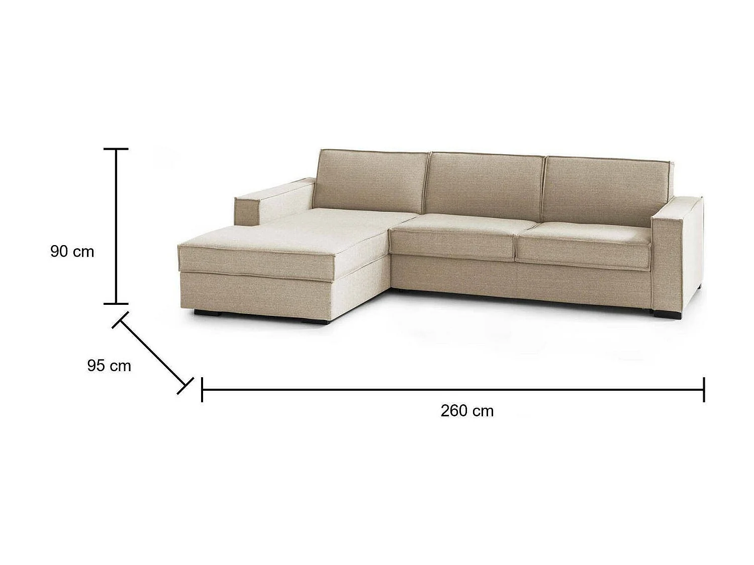 Canapé fixe Perla, Canapé d'angle, 100% Made in Italy, Canapé de salon avec, Péninsule conteneur gauche, avec accoudoirs fins, Cm 260x95h90, Beige