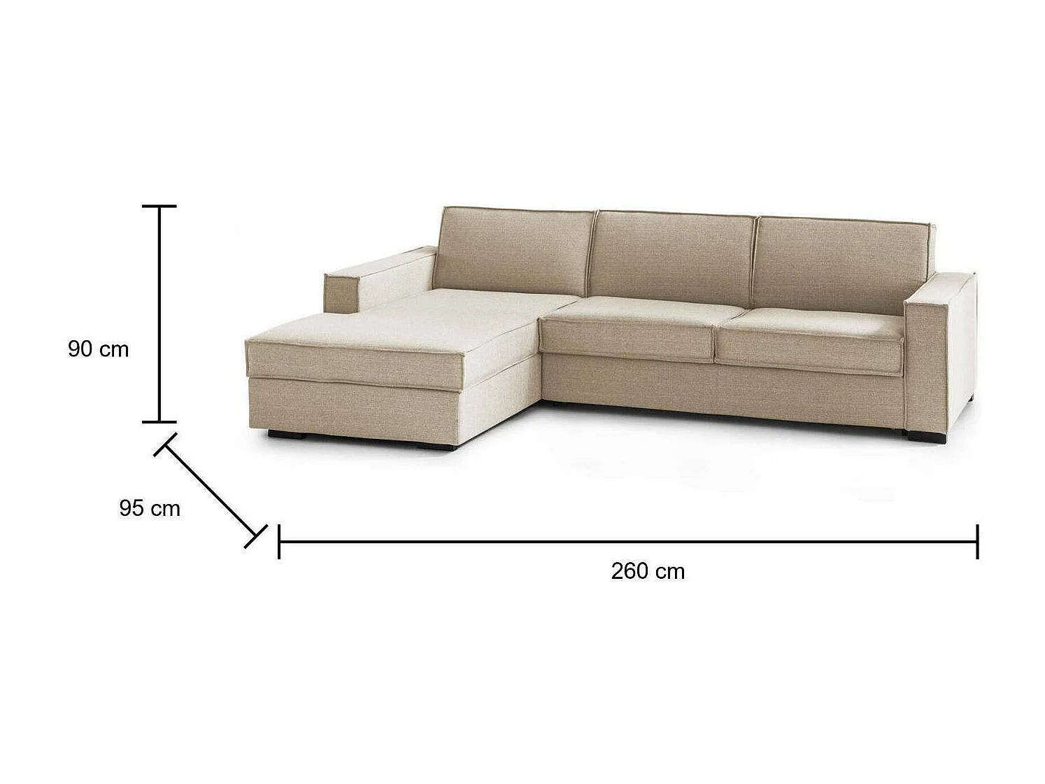 Divano fisso Perla, Divano ad angolo, 100% Made in Italy, Sofà Soggiorno con, penisola contenitore Sinistra, con Braccioli slim, Cm 260x95h90, Beige