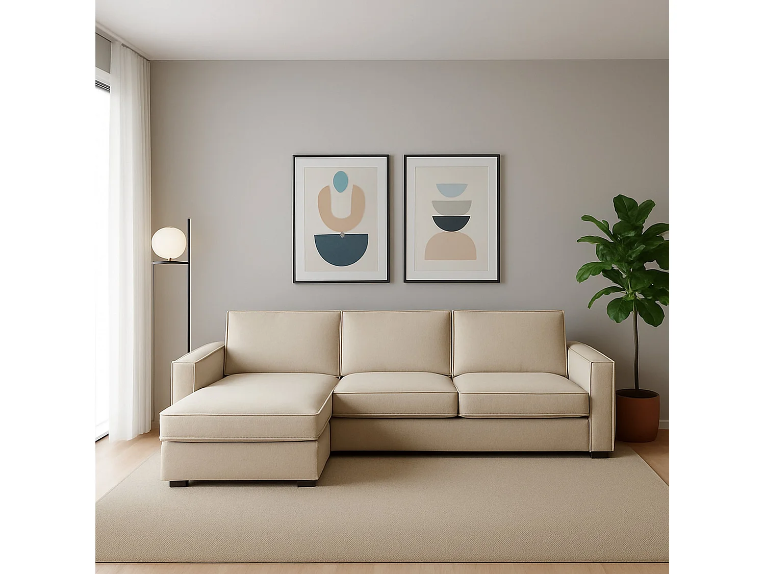 Canapé fixe Perla, Canapé d'angle, 100% Made in Italy, Canapé de salon avec, Péninsule conteneur gauche, avec accoudoirs fins, Cm 260x95h90, Beige
