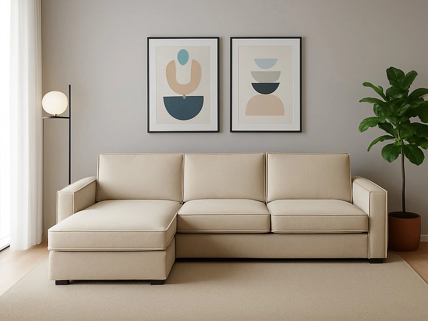 Canapé fixe Perla, Canapé d'angle, 100% Made in Italy, Canapé de salon avec, Péninsule conteneur gauche, avec accoudoirs fins, Cm 260x95h90, Beige