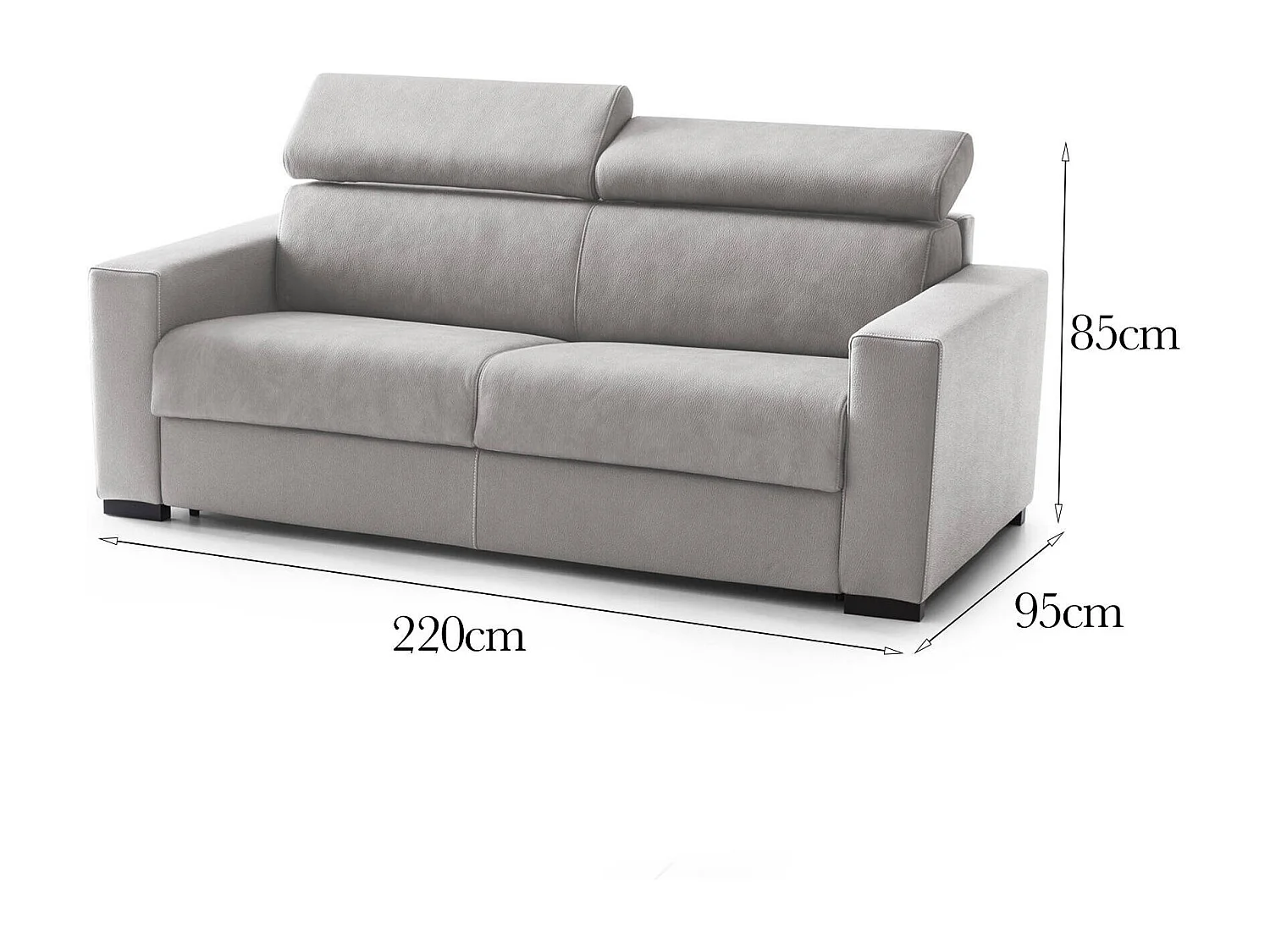 Sofá fijo Julia, sofá de 3 plazas, 100% Made in Italy, Sofá de salón, en tejido acolchado, con reposacabezas regulables y reposabrazos estándar, 220x95h85 cm, Gris