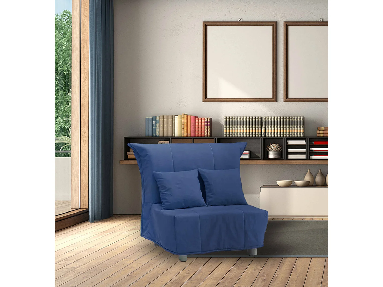 Canapé-lit Alma, Canapé simple, 100% Made in Italy, Fauteuil de salon avec ouverture trolley, en tissu rembourré, avec coussins inclus, 85x90h85 cm, Bleu