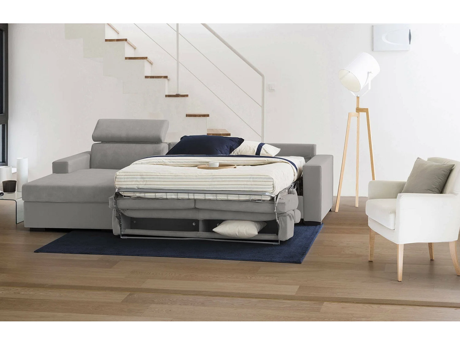 Divano letto con penisola Alda, Sof con penisola contenitore Sinistra, Braccioli standard, 100% Made in Italy, Cm 280x95h85, Grigio