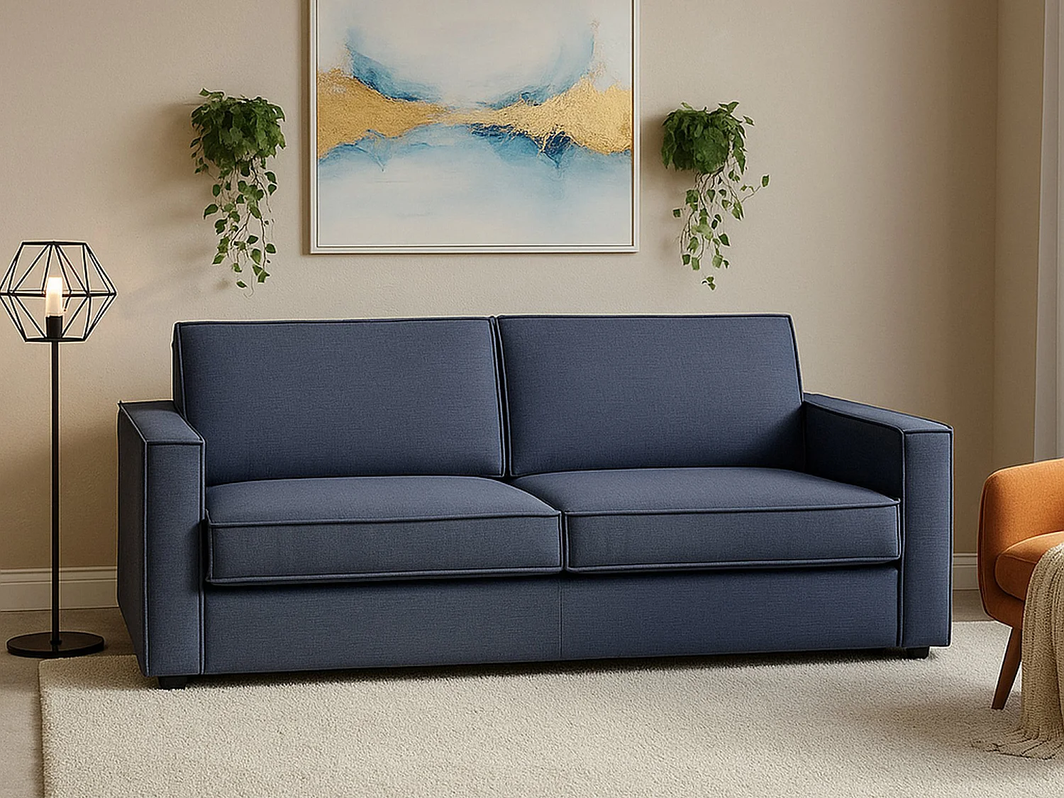 Sofá fixo único, Sofá grande de 2 lugares, 100% Fabricado na Itália, Sofá da sala em tecido, com braços finos, 180x95h90 cm, Azul