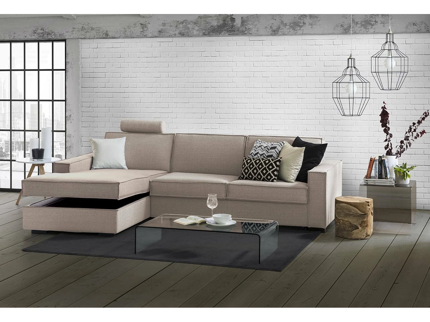 Divano letto con penisola Adelina, Sof con penisola contenitore Sinistra, Braccioli standard, 100% Made in Italy, Cm 280x95h90, Tortora