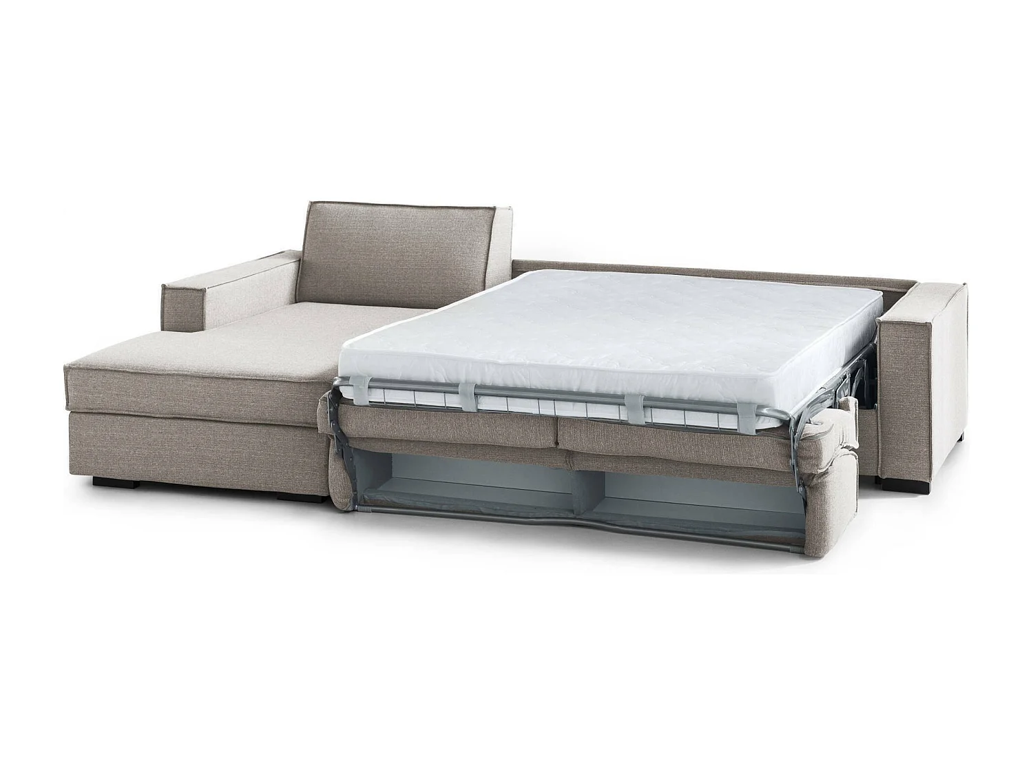 Divano letto con penisola Adelina, Sof con penisola contenitore Sinistra, Braccioli standard, 100% Made in Italy, Cm 280x95h90, Tortora