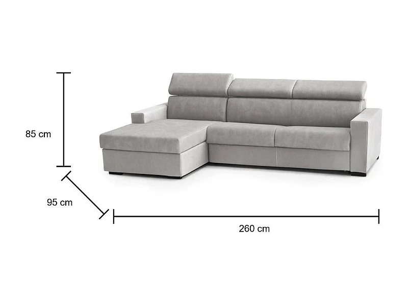 Aleandra Schlafsofa, Ecksofa, 100 % Made in Italy, Sofa mit drehbarer Ã–ffnung, mit linker Stauraumhalbinsel, mit schmalen Armlehnen, 260 x 95 x 85 cm, Grau