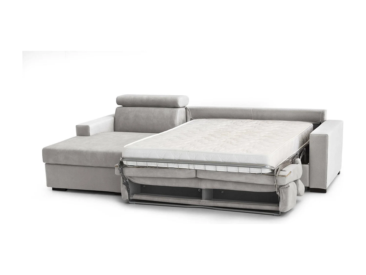Divano Letto Aleandra, Divano ad angolo, 100% Made in Italy, Sofà con apertura girevole, con Penisola contenitore Sinistra, con Braccioli slim, Cm 260x95h85, Grigio