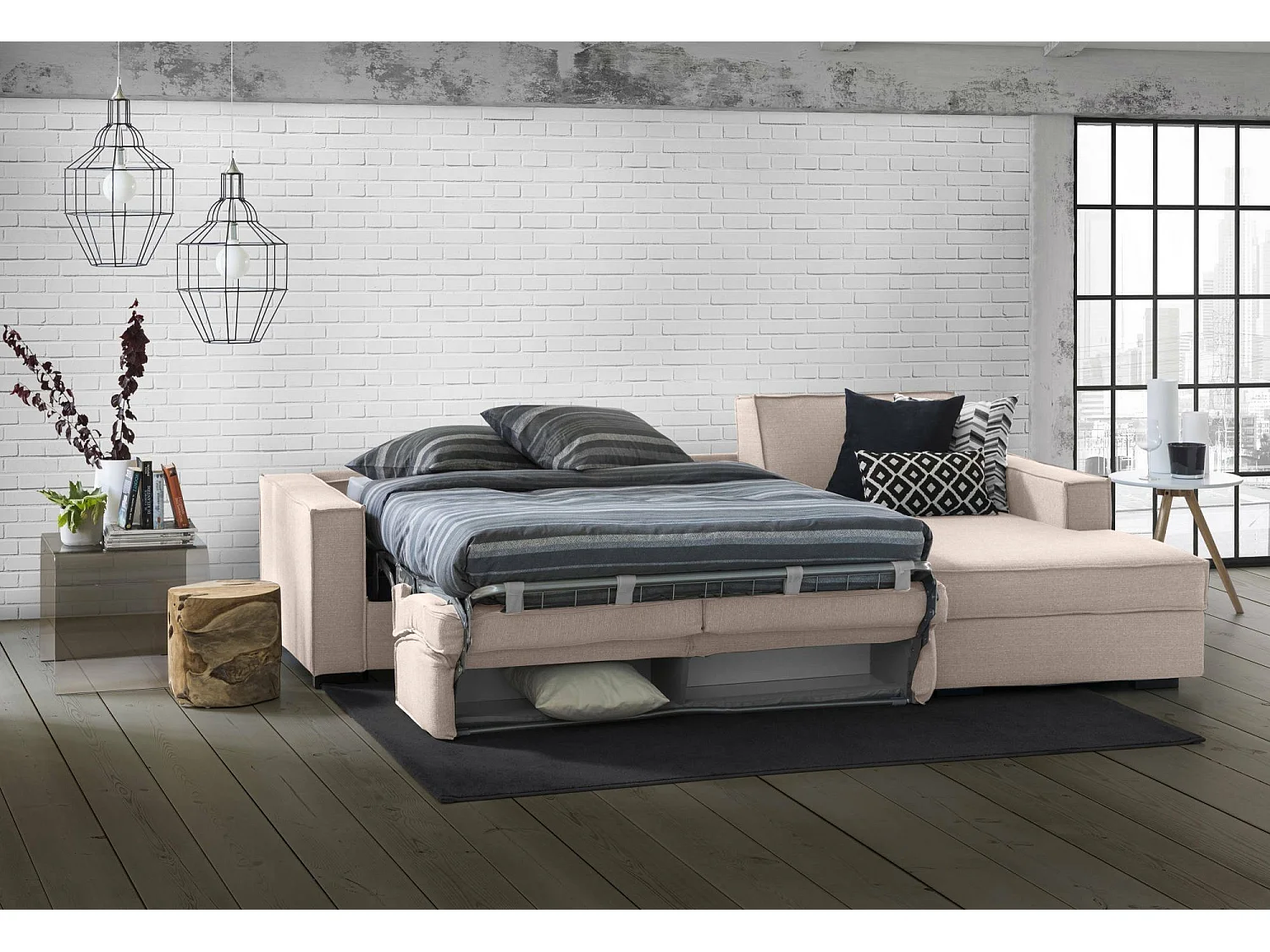 Schlafsofa Adelia, Ecksofa, 100 % Made in Italy, Sofa mit drehbarer Ã–ffnung, Aufbewahrungshalbinsel rechts, mit schmalen Armlehnen, 260 x 95 x 90 cm, Taupe