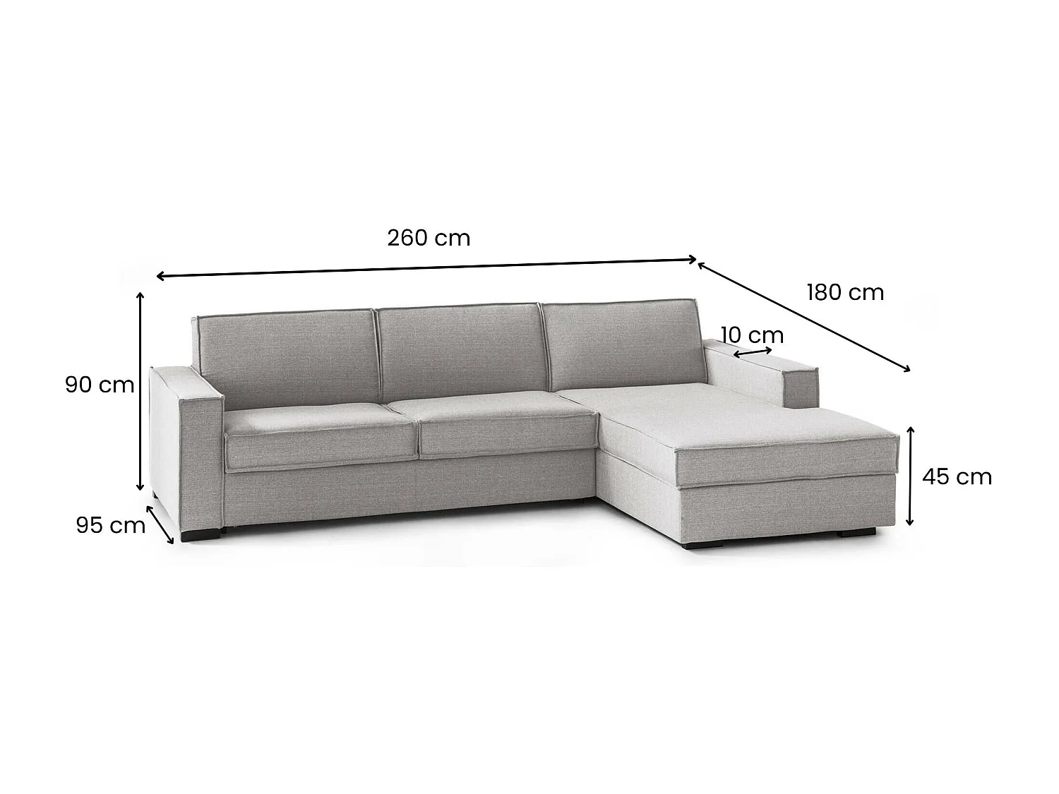 Canapé-lit Adelia, Canapé d'angle, 100% Made in Italy, Canapé avec ouverture pivotante, Péninsule de rangement droite, avec accoudoirs fins, 260x95h90 cm, Gris