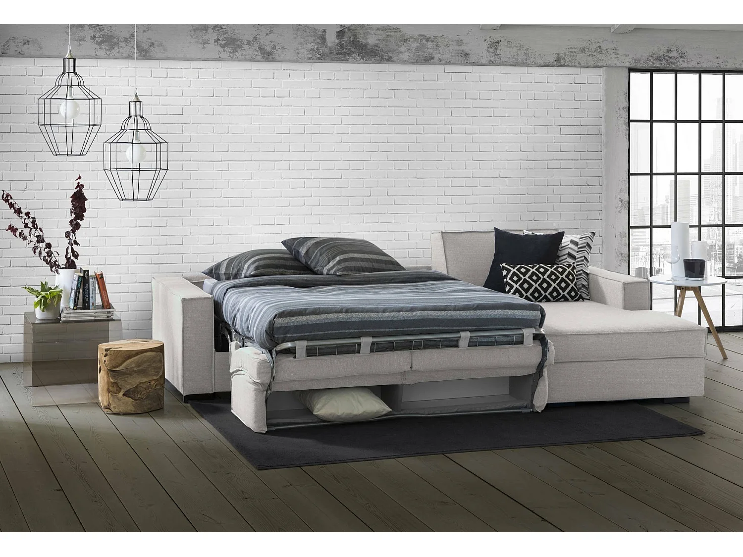 Sofá-cama Adelia, Sofá de canto, 100% Fabricado em Itália, Sofá com abertura giratória, Península de arrumação direita, com braços finos, 260x95h90 cm, Cinzento