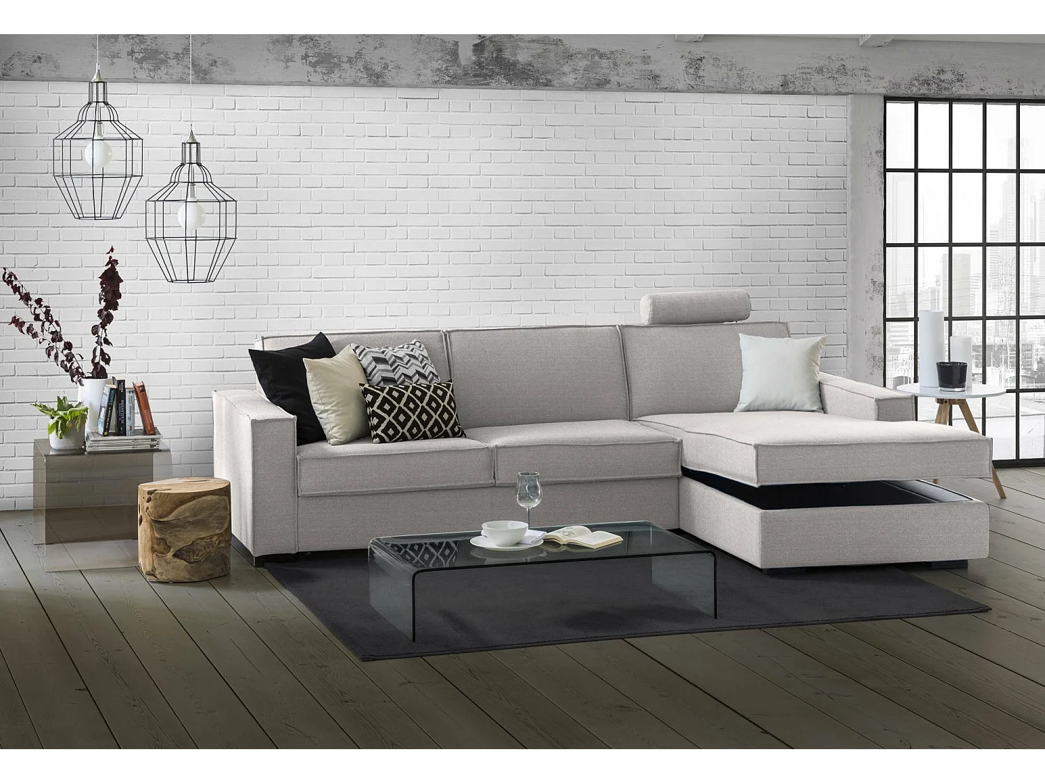 Sofá-cama Adelia, Sofá de canto, 100% Fabricado em Itália, Sofá com abertura giratória, Península de arrumação direita, com braços finos, 260x95h90 cm, Cinzento