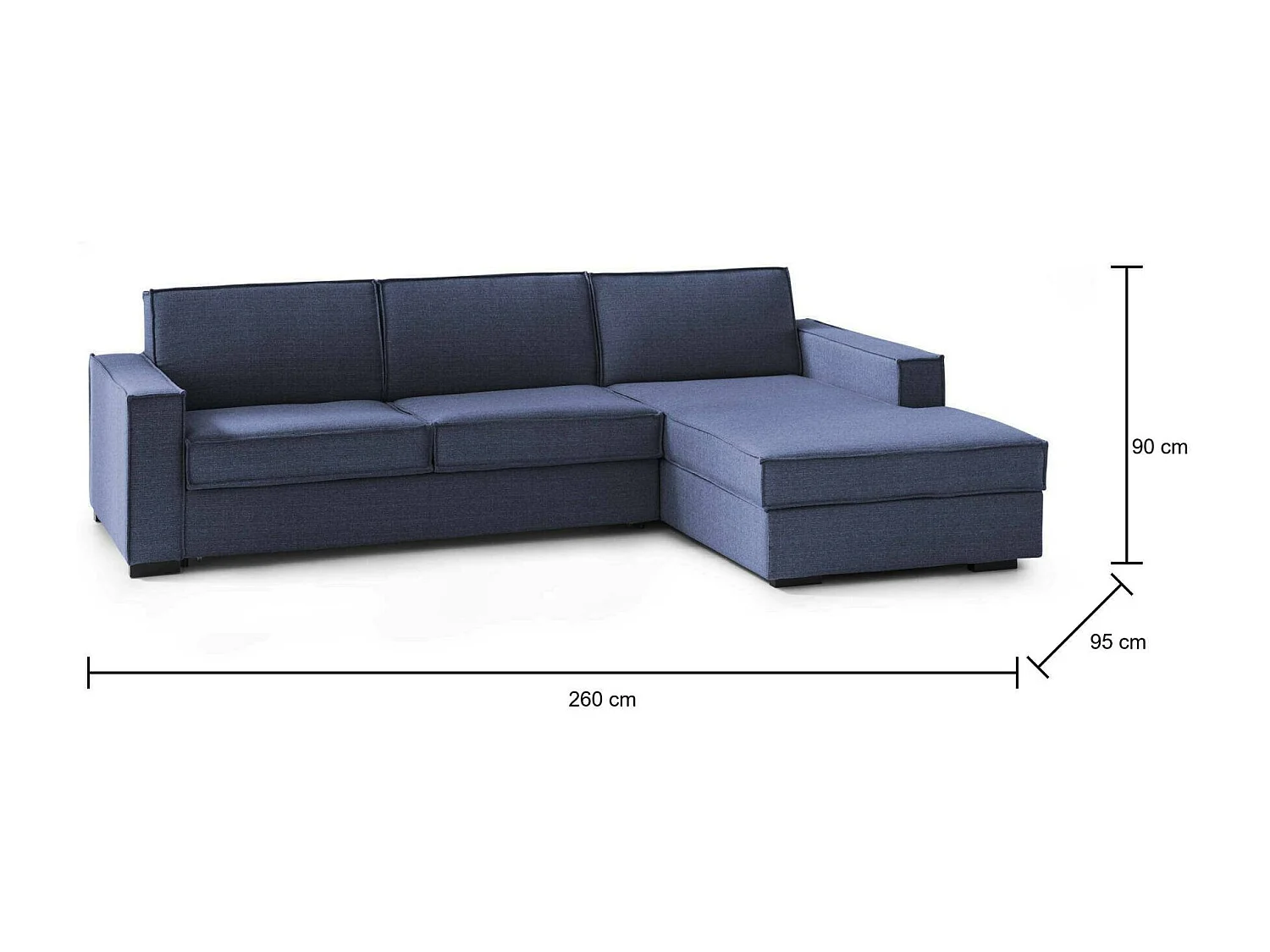 Canapé fixe Maia, Canapé d'angle, 100% Made in Italy, Canapé de salon avec péninsule conteneur droite, avec accoudoirs fins, 260x95h90 cm, Bleu