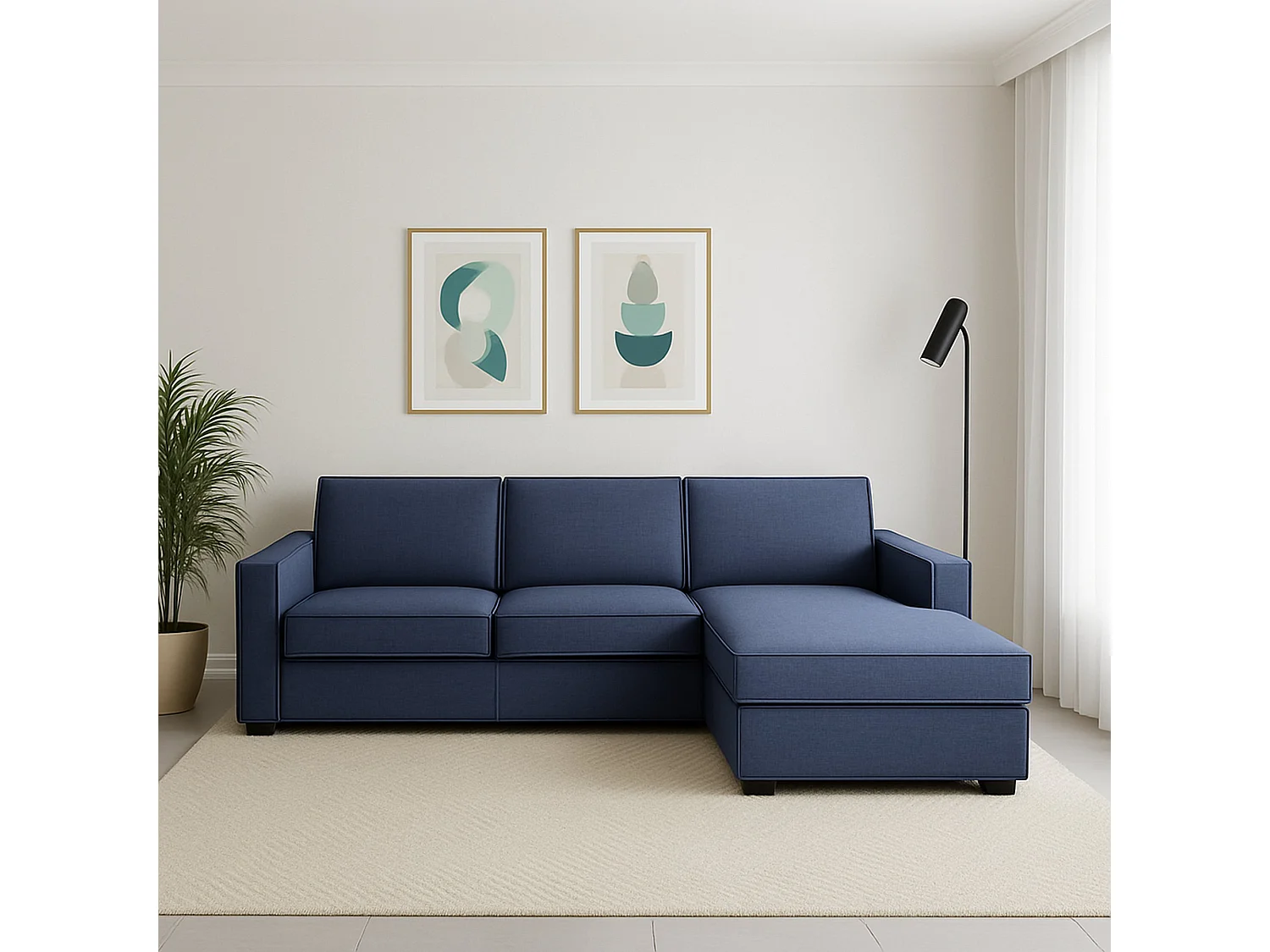 Canapé fixe Maia, Canapé d'angle, 100% Made in Italy, Canapé de salon avec péninsule conteneur droite, avec accoudoirs fins, 260x95h90 cm, Bleu