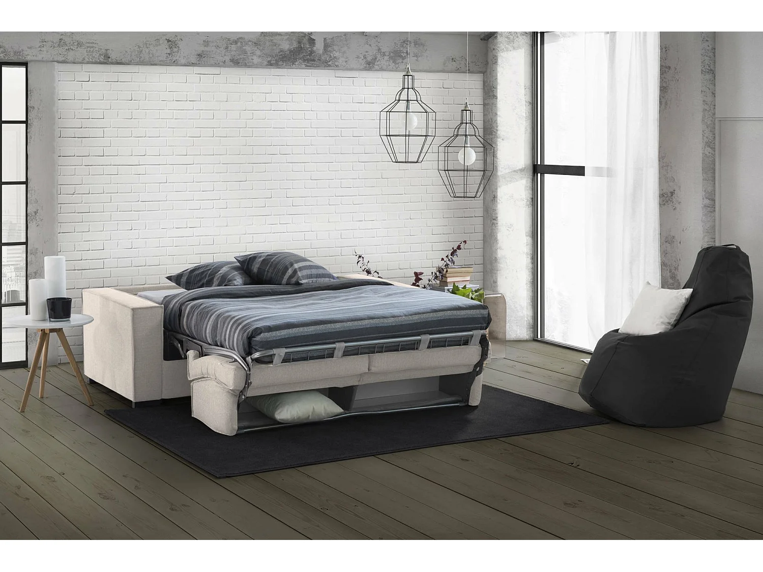 Canapé-lit Giuliana, canapé 2 places, 100% Made in Italy, Canapé de salon à ouverture pivotante, en tissu rembourré, avec accoudoirs standards, 180x95h90 cm, Taupe