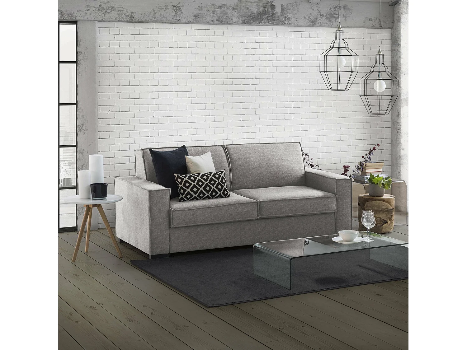 Divano letto 2 posti Abigail, Sof Soggiorno apertura girevole, Tessuto imbottito, Braccioli standard, 100% Made in Italy, Cm 200x95h90, Grigio