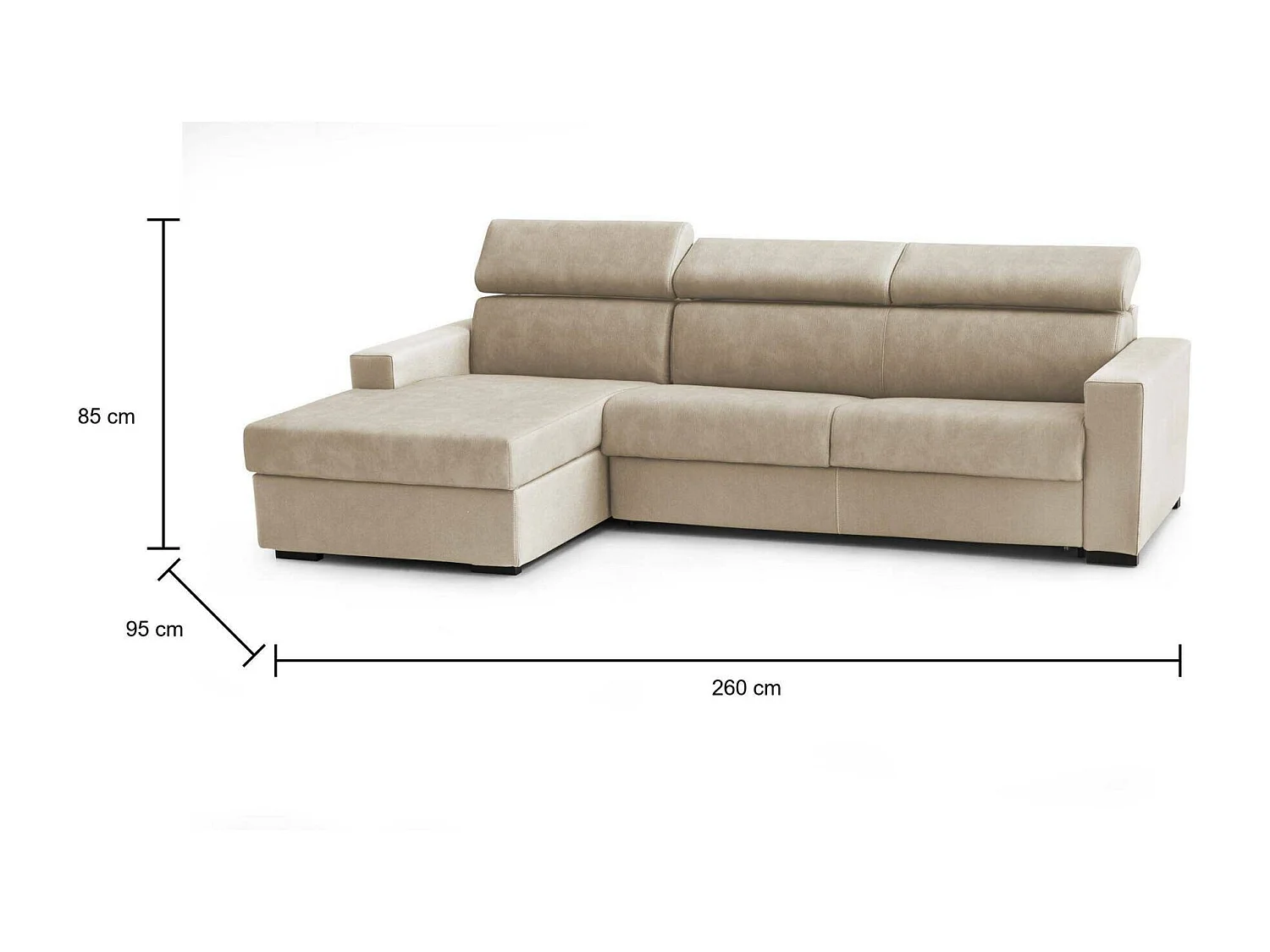 Canapé-lit Aleandra, Canapé d'angle, 100% Made in Italy, Canapé à ouverture pivotante, avec péninsule de rangement gauche, avec accoudoirs fins, 260x95h85 cm, Beige