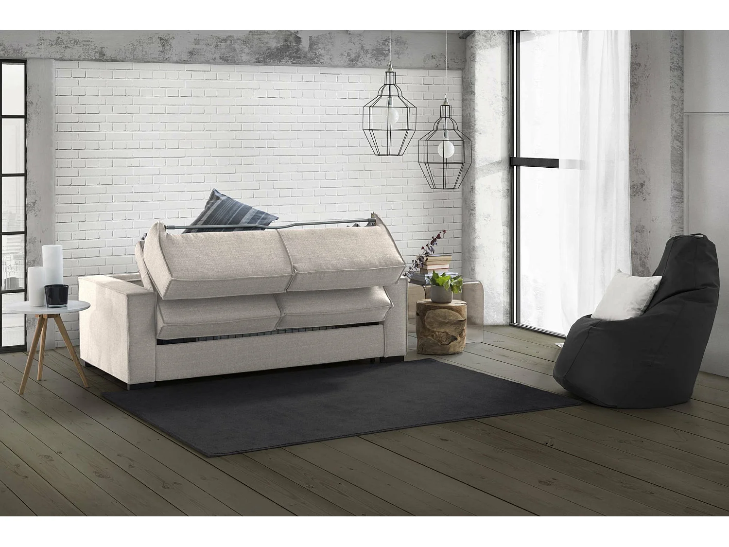 Samantha Slaapbank, 2-zitsbank, 100% Made in Italy, Woonkamerbank met draaibare opening, in gewatteerde stof, met slanke armleuningen, Cm 160x95h90, Taupe