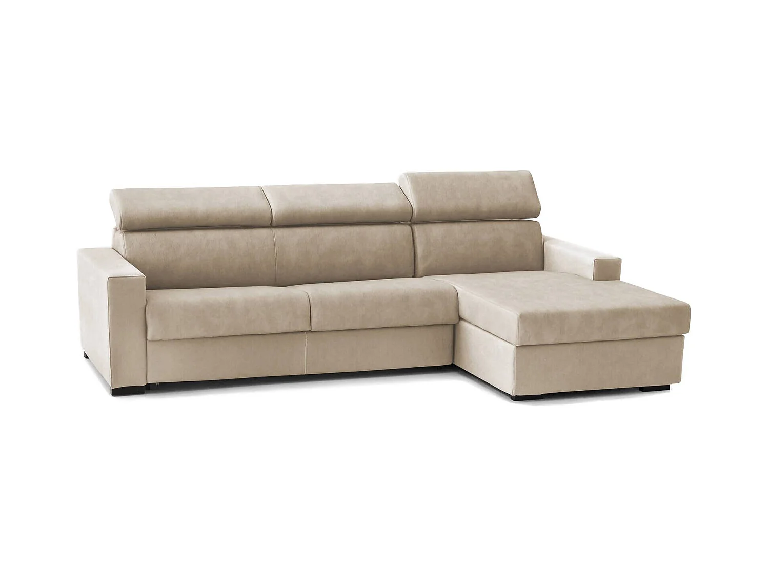Sofá fijo con península Marica, Sofá rinconero con chaise longue derecho en tela, Reposabrazos estándar, 100% Made in Italy, 280x95h85 cm, Beige