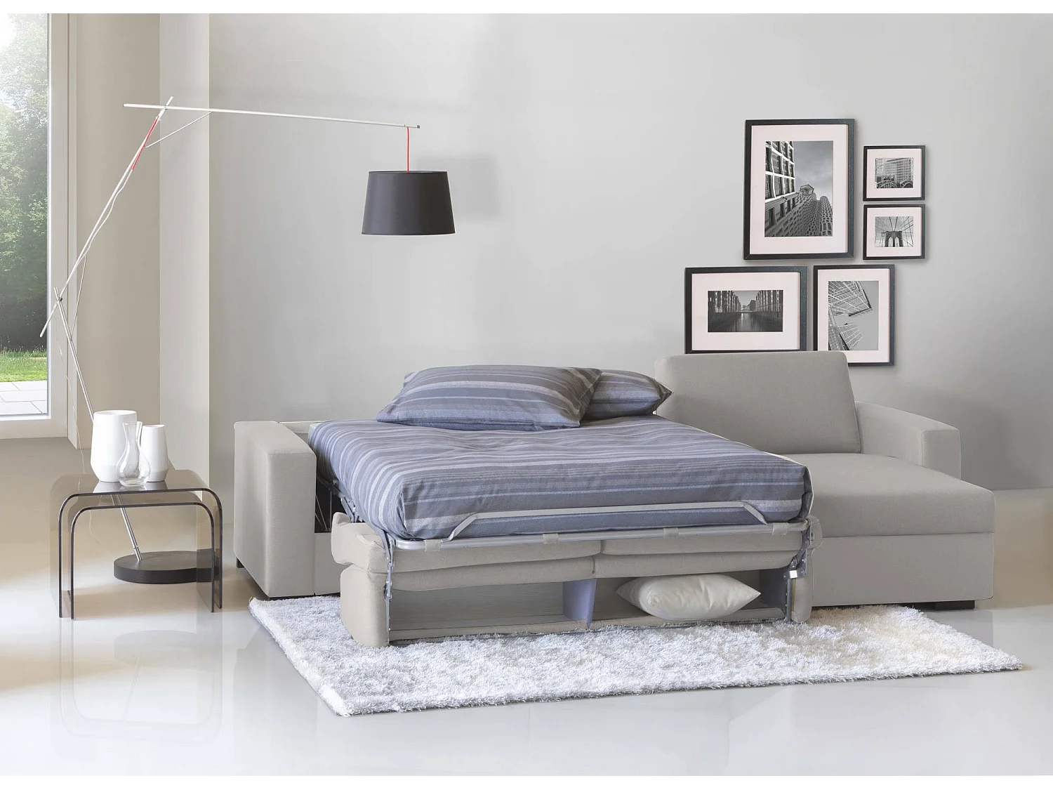 Divano letto con penisola Alisea, Sof apertura girevole, Penisola contenitore reversibile, Braccioli slim, 100% Made in Italy, Cm 260x95h90, Grigio