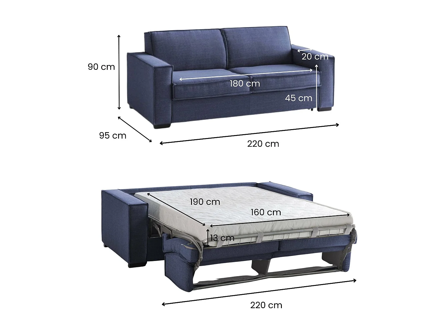 Canapé-lit Adalgisa, canapé 3 places, 100% Made in Italy, Canapé de salon à ouverture pivotante, en tissu rembourré, avec accoudoirs standards, 220x95h90 cm, Bleu