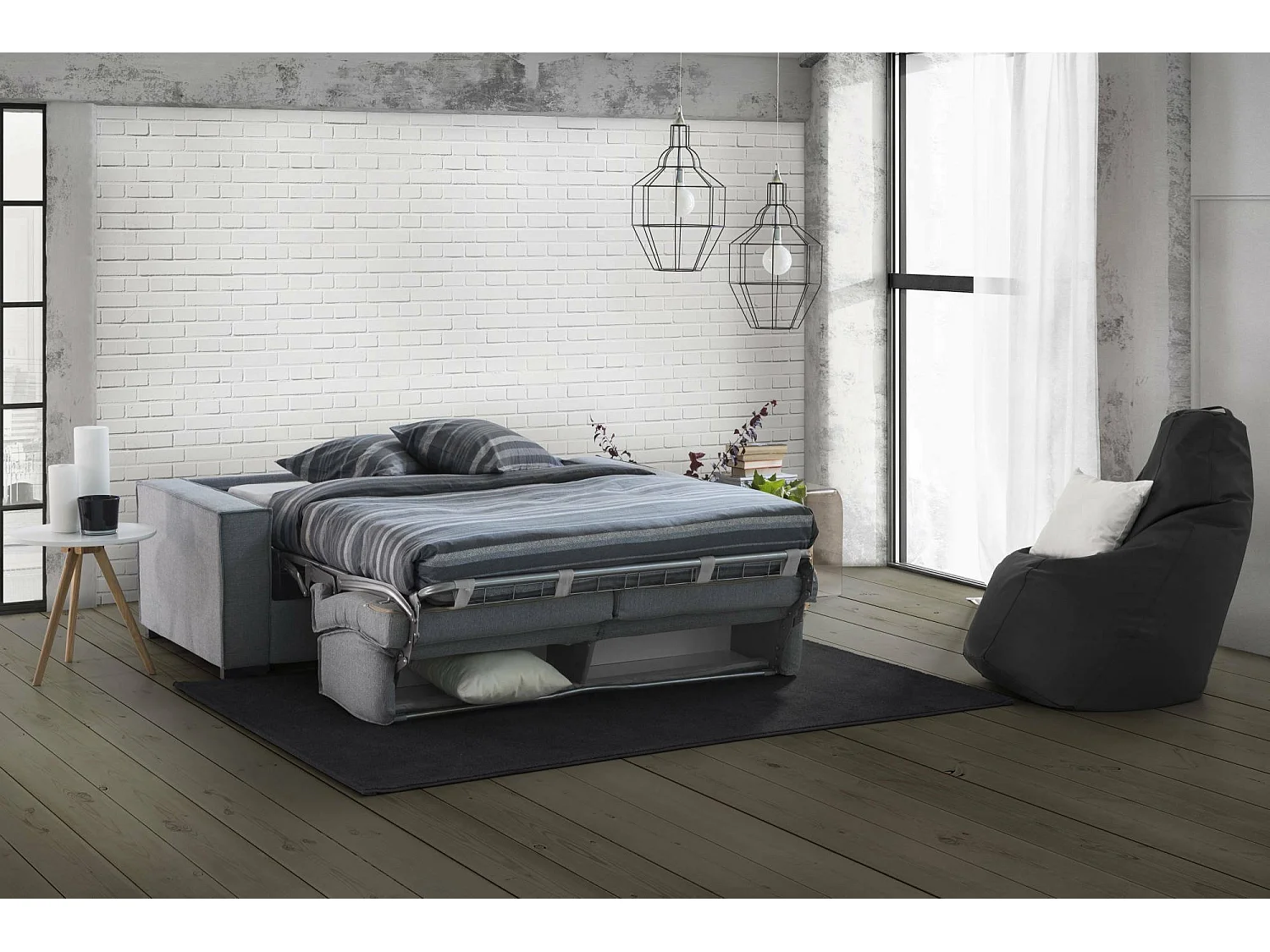 Canapé-lit Samantha, canapé 2 places, 100% Made in Italy, Canapé de salon à ouverture pivotante, en tissu rembourré, avec accoudoirs fins, 160x95h90 cm, Gris