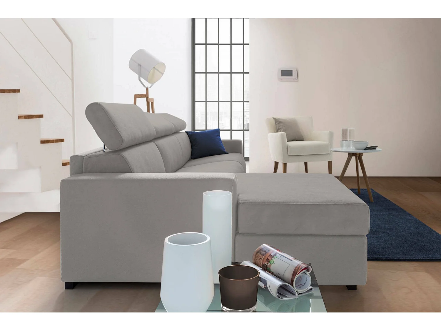 Talamo Italia - Divano fisso con penisola Aryaly, Sofà in tessuto, Chaise longue contenitore Sinistra, Braccioli slim, 100% Made in Italy, Grigio