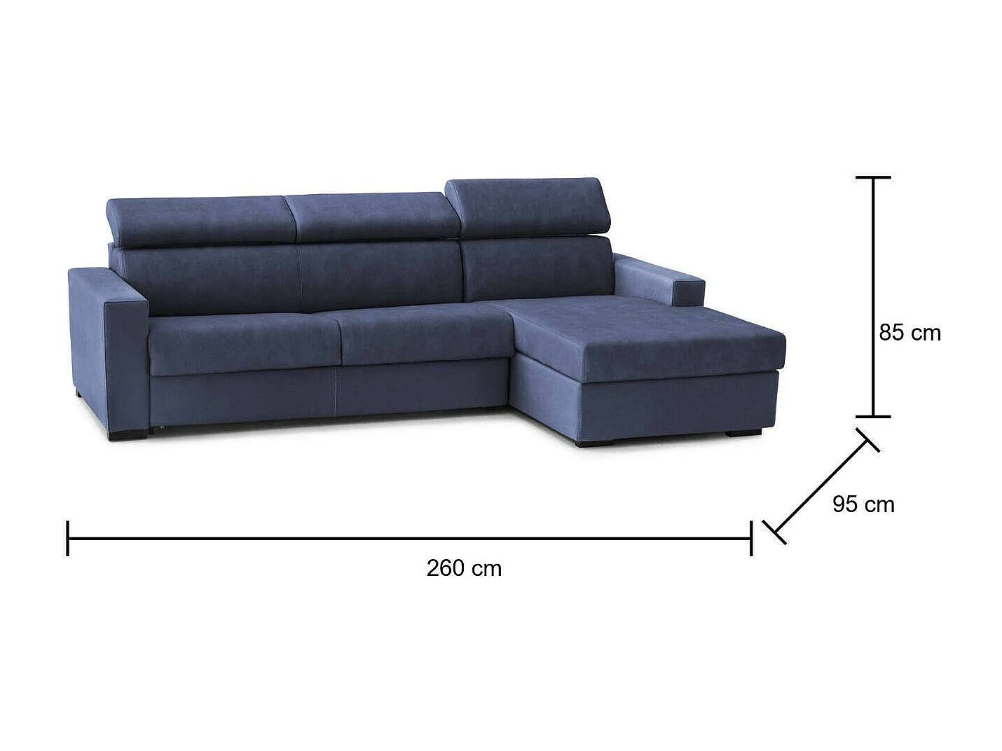 Canapé-lit Alceste, Canapé d'angle, 100% Made in Italy, Canapé à ouverture pivotante, avec péninsule de rangement droite, avec accoudoirs fins, 260x95h85 cm, Bleu