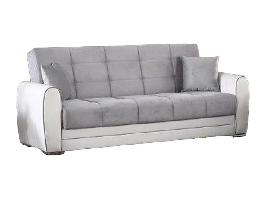 Sofá cama Luis, Sofá cama contenedor de 3 plazas en ecopiel y tela, Sofá de salón en tela acolchada con apertura clic-clac, 220x84h91 cm, Blanco y Gris