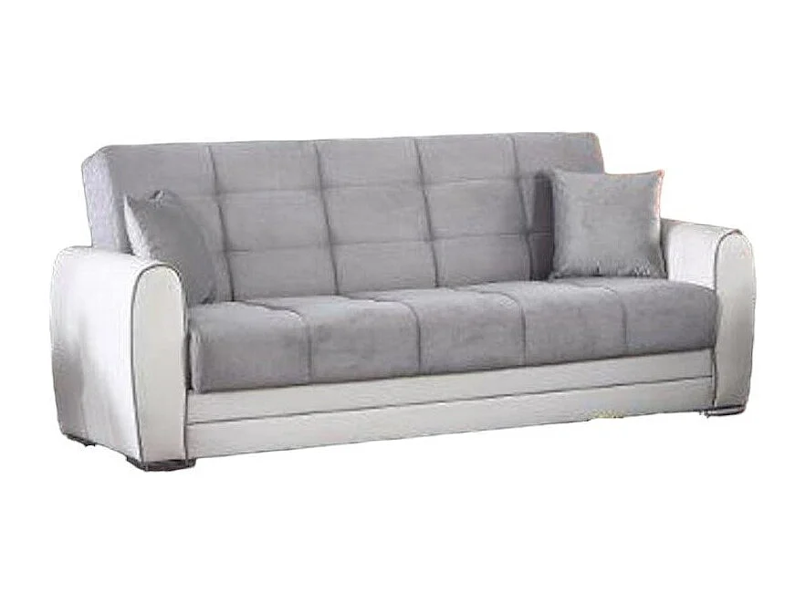 Sofá cama Luis, Sofá cama contenedor de 3 plazas en ecopiel y tela, Sofá de salón en tela acolchada con apertura clic-clac, 220x84h91 cm, Blanco y Gris