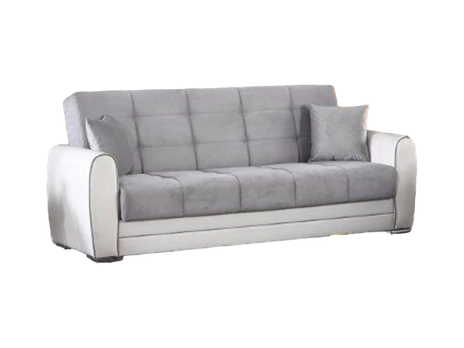 Canapé Luis, Canapé conteneur 3 places en éco-cuir et tissu, Canapé de salon en tissu rembourré avec ouverture clic-clac, 220x84h91 cm, Blanc et Gris