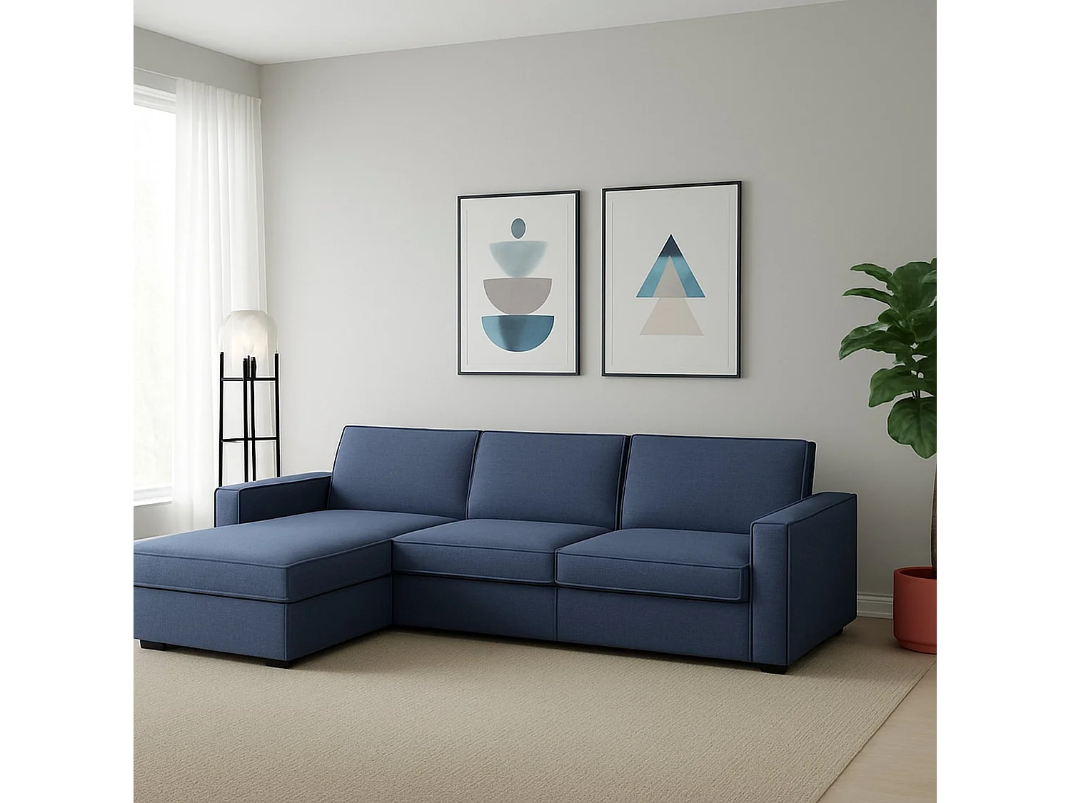 Canapé fixe Perla, Canapé d'angle, 100% Made in Italy, Canapé de salon avec, Péninsule conteneur gauche, avec accoudoirs fins, Cm 260x95h90, Bleu