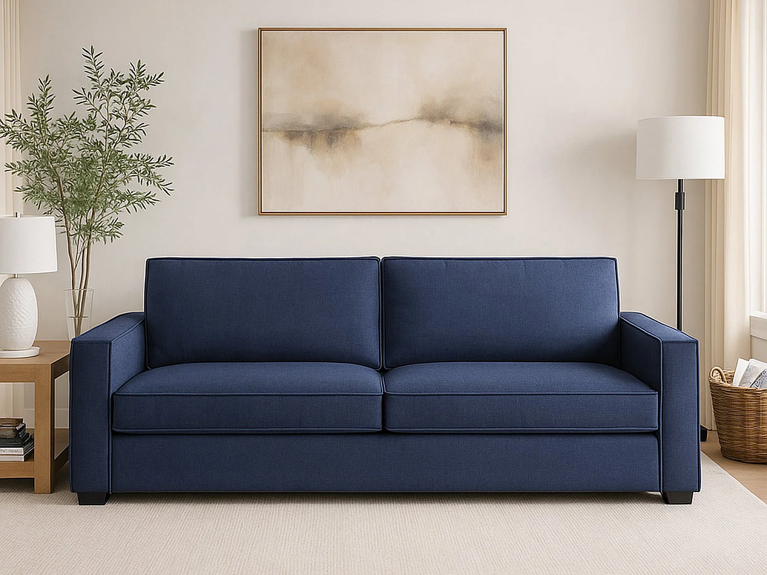 Canapé fixe Manuela, Grand canapé 2 places, 100% Made in Italy, Canapé de salon en tissu, avec accoudoirs standards, 200x95h90 cm, Bleu
