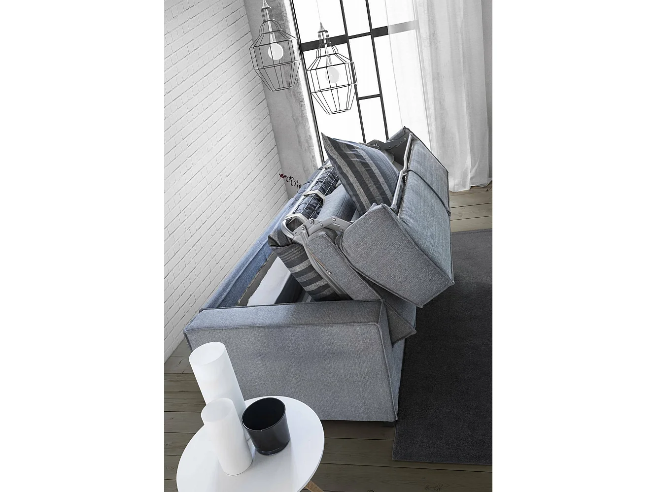 Schlafsofa Achiropita, GroÃŸes 2-Sitzer-Sofa, 100%  Italy, Wohnzimmersofa mit drehbarer Ã–ffnung, aus gepolstertem Stoff, mit schmalen Armlehnen, Cm 180x95h90, Grau