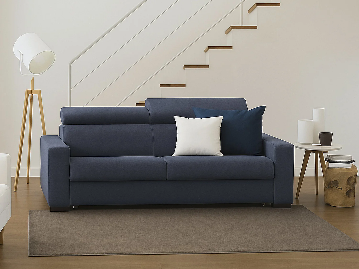 Sofá fixo Suanna, ofá de 3 lugare, 100% Fabricado na Itália, Sofá da ala, em tecido acolchoado, com apoio de cabeça ajutávei â€<â€<e braço fino, 200x95h85 cm, Azul