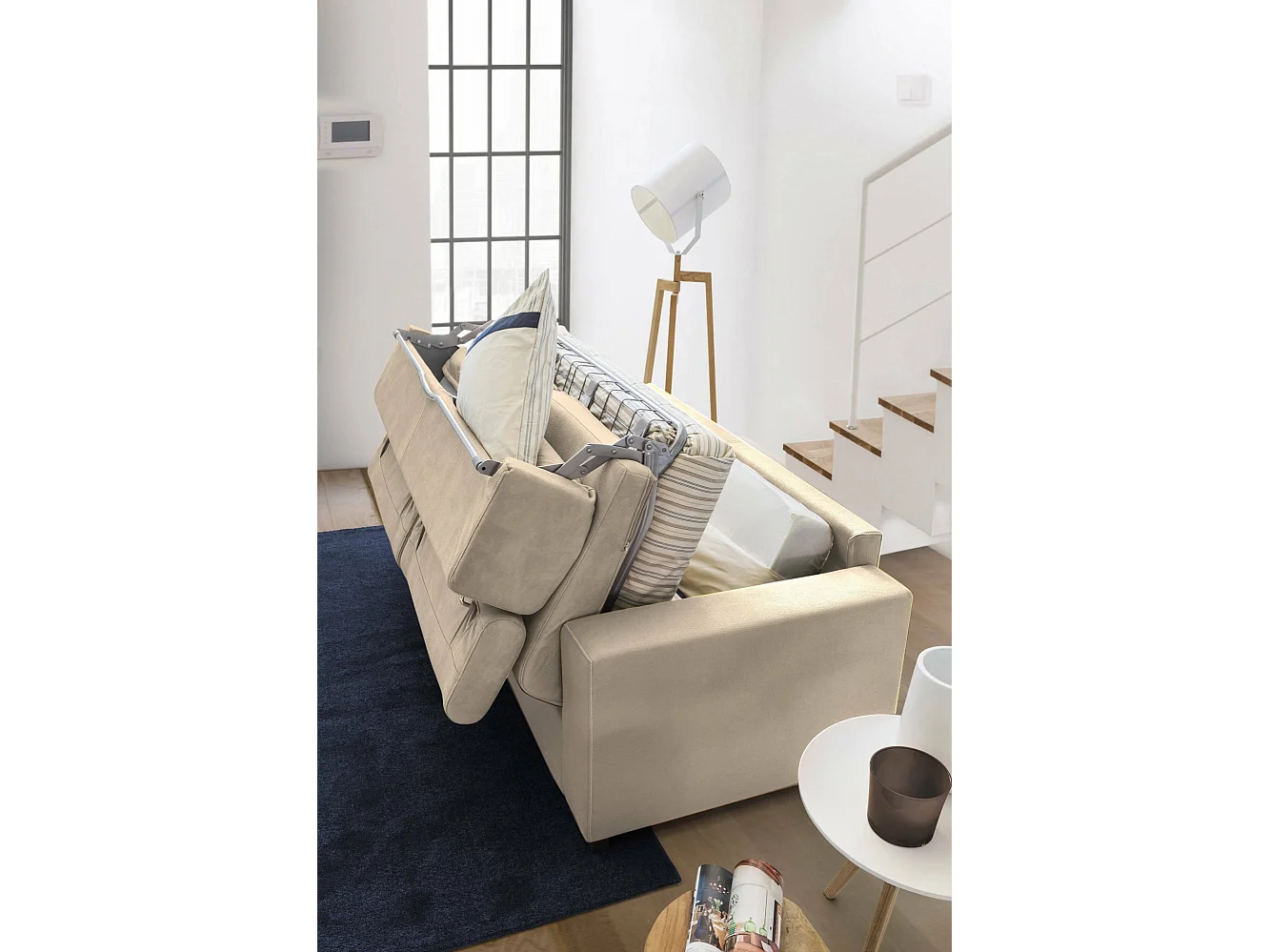 Afra slaapbank, 2-zitsbank, 100% Made in Italy, woonkamerbank met draaibare opening, met verstelbare hoofdsteunen en standaard armleuningen, 180x95h85 cm, Beige