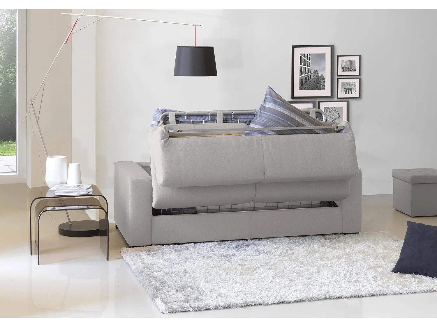 Alicya slaapbank, hoekbank, 100% Made in Italy, bank met draaibare opening, met omkeerbaar opbergschiereiland, met standaard armleuningen, 280x95h90 cm, grijs