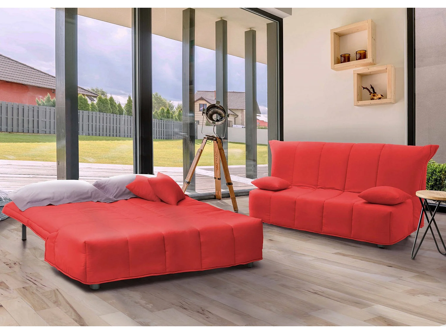 Alisee Schlafsofa, 2-Sitzer-Sofa, 100 % Made in Italy, Wohnzimmersofa mit Trolley-Öffnung, aus gepolstertem Stoff, inklusive Kissen, 125 x 90 x 85 cm, Rot