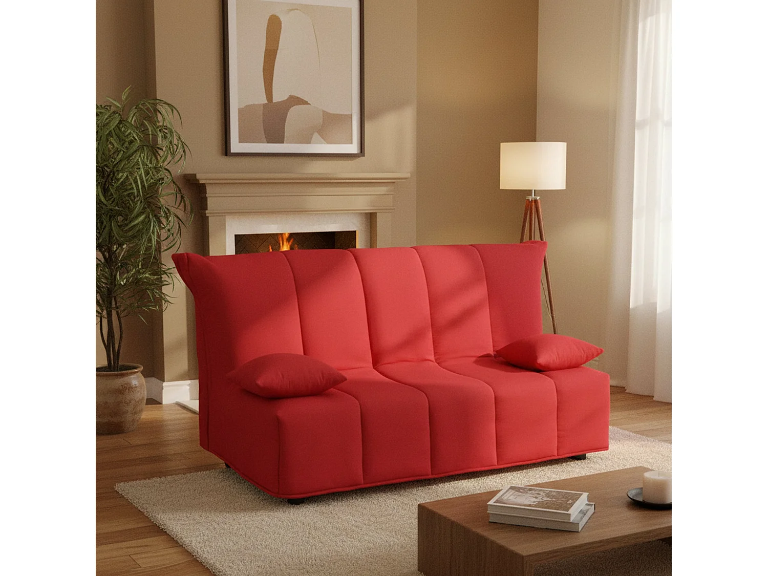 Canapé-lit Alisee, canapé 2 places, 100% Made in Italy, Canapé de salon avec ouverture trolley, en tissu rembourré, avec coussins inclus, 125x90h85 cm, Rouge